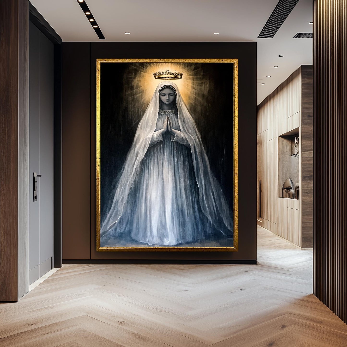 Crowned Virgin Mary Painting in Radiant Light and Flowing White Veil, Catholic Spiritual Canvas Art for Prayer Room or Sacred Home Decor