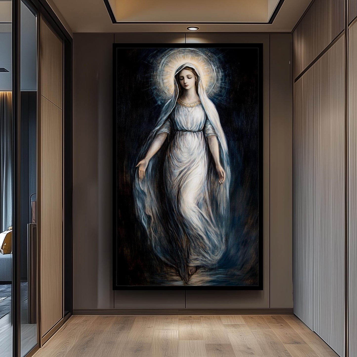 Virgin Mary Canvas Art: Ethereal Catholic Painting with Radiant Halo