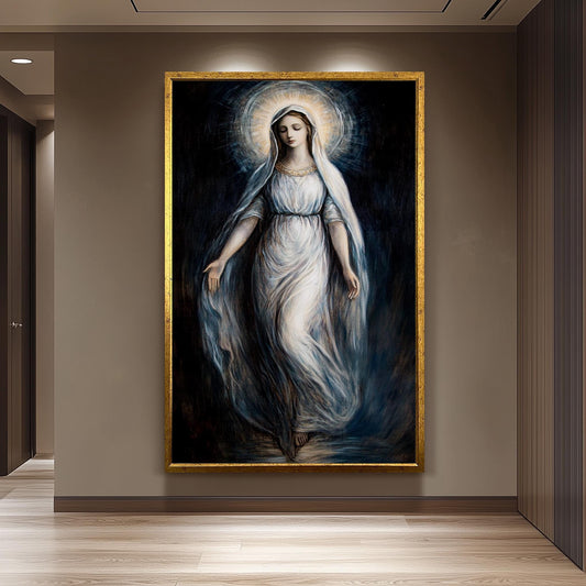 Virgin Mary Canvas Art: Ethereal Catholic Painting with Radiant Halo