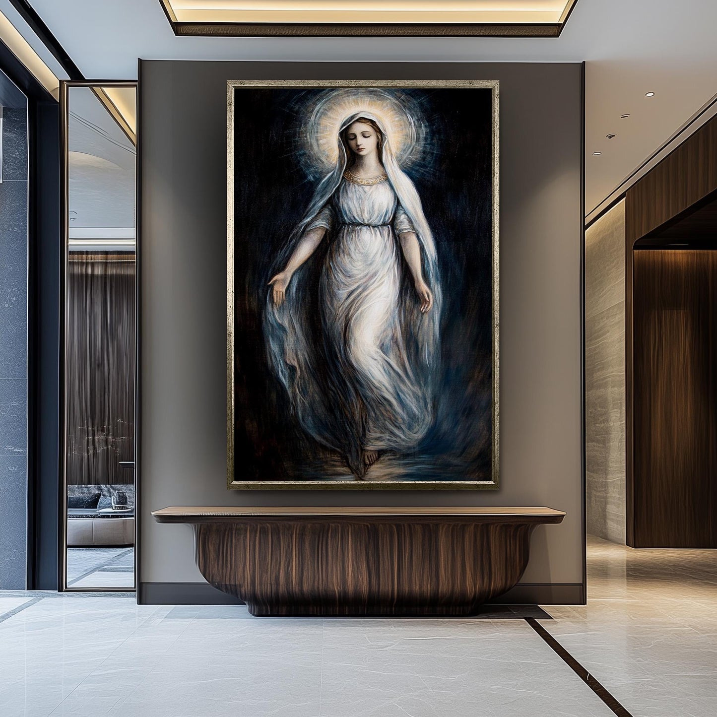 Virgin Mary Canvas Art: Ethereal Catholic Painting with Radiant Halo