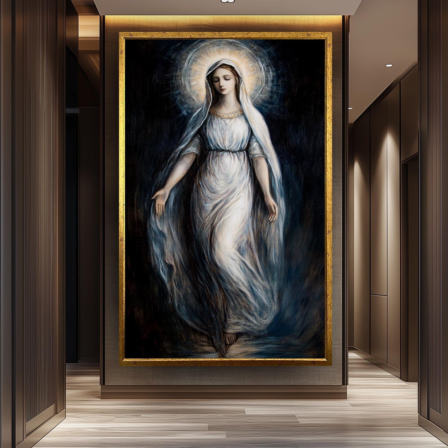 Virgin Mary Canvas Art: Ethereal Catholic Painting with Radiant Halo