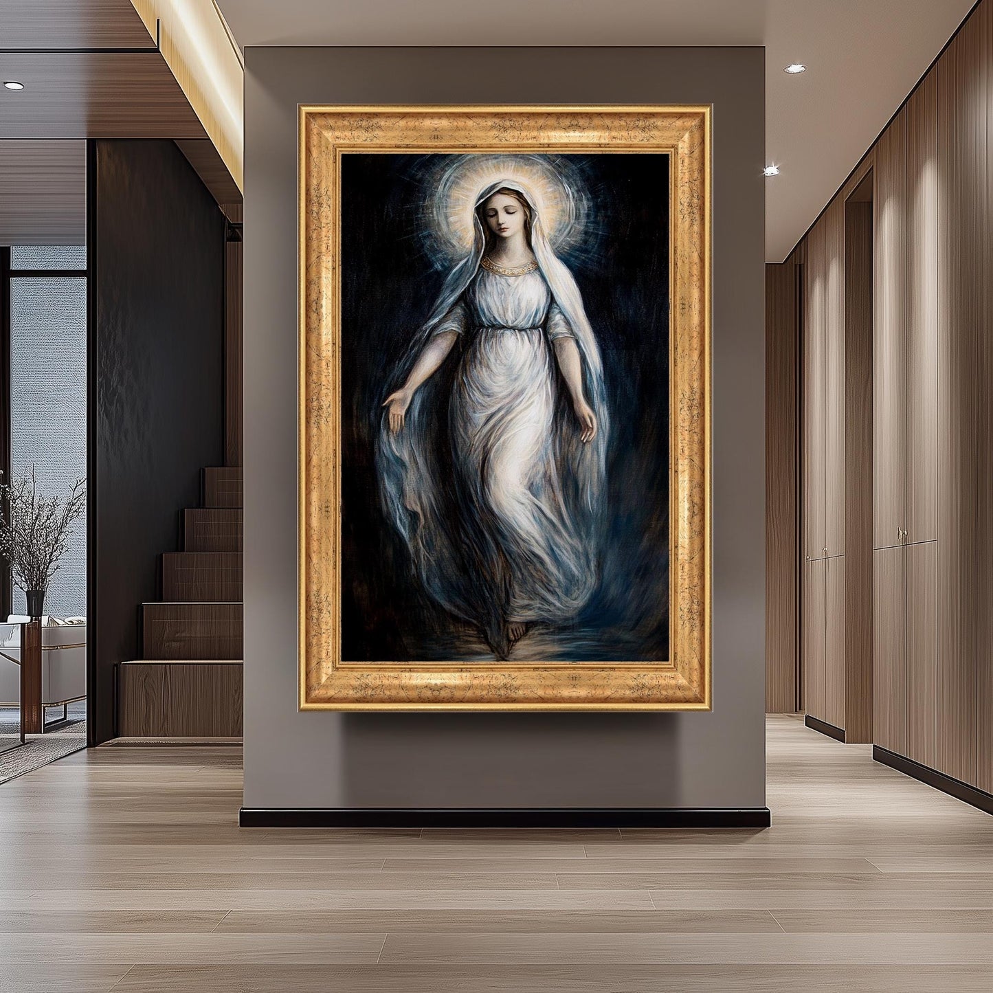 Virgin Mary Canvas Art: Ethereal Catholic Painting with Radiant Halo
