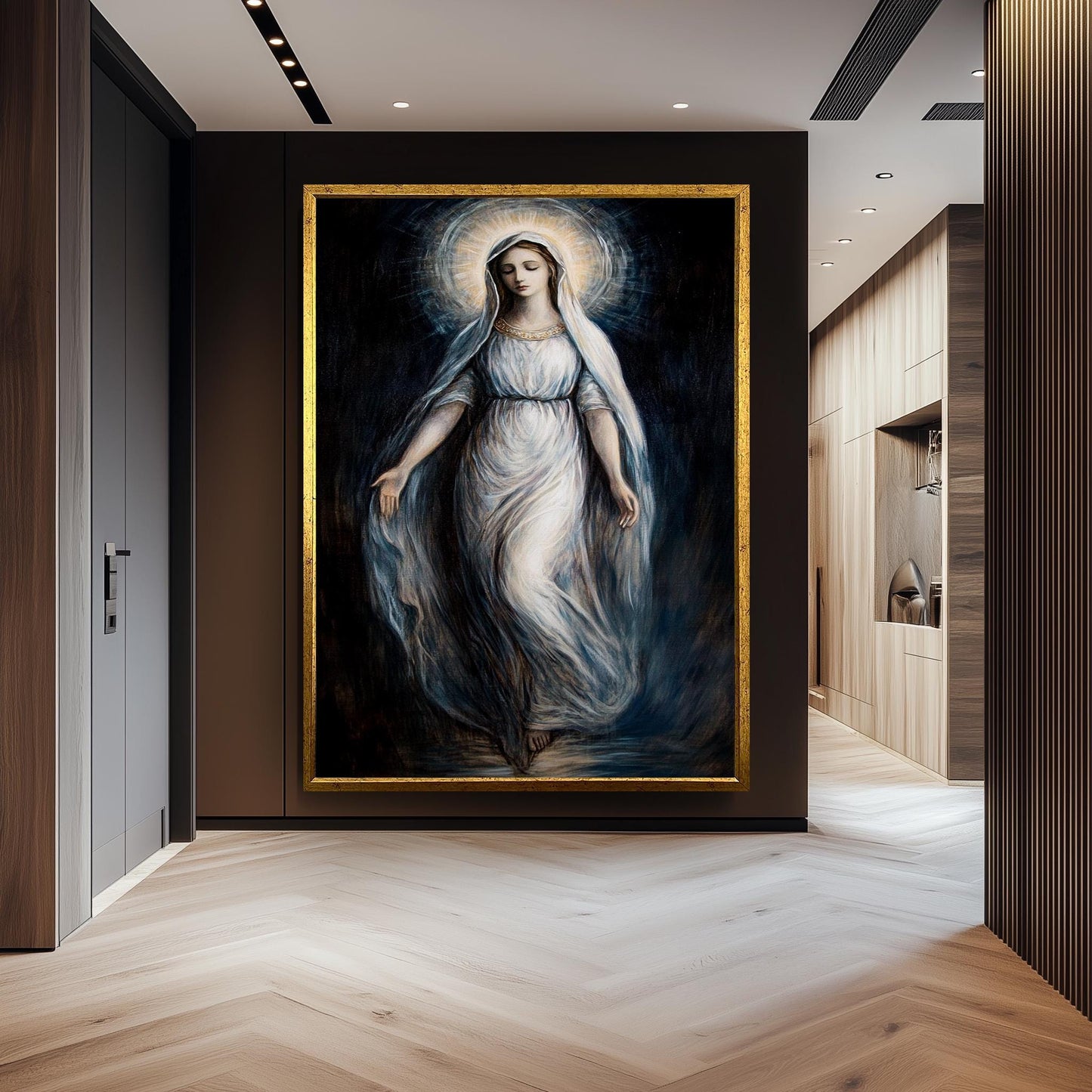 Virgin Mary Canvas Art: Ethereal Catholic Painting with Radiant Halo