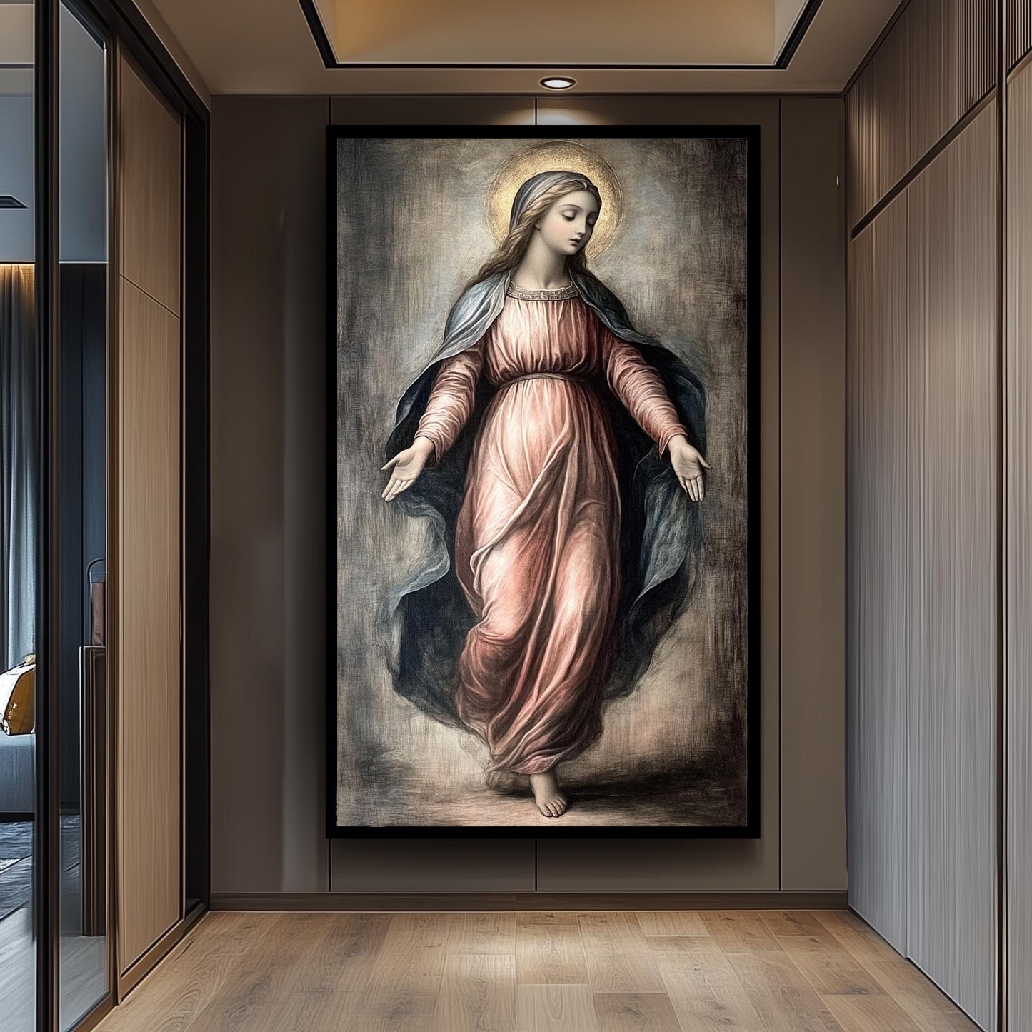 Classic Virgin Mary Painting in Flowing Rose Gown with Golden Halo, Catholic Renaissance Style Canvas Art for Prayer Room or Sacred Decor