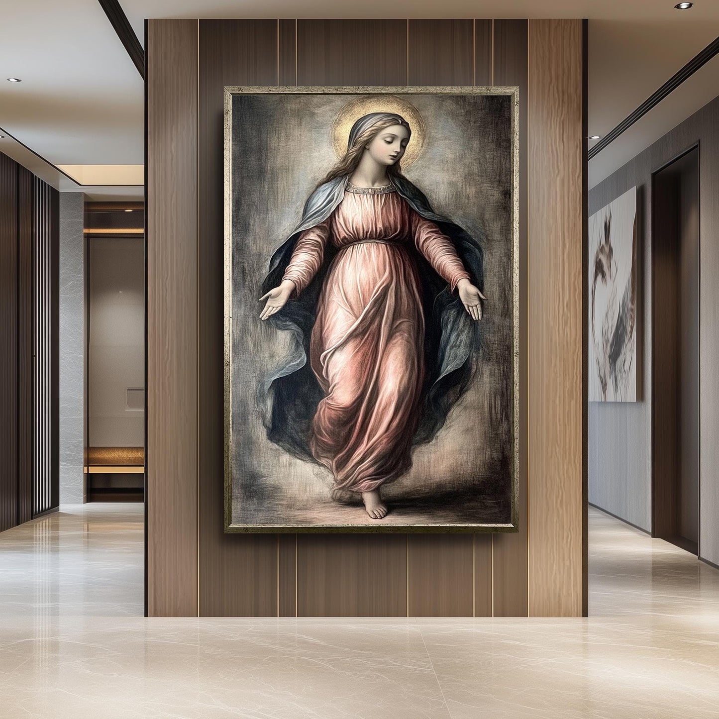 Classic Virgin Mary Painting in Flowing Rose Gown with Golden Halo, Catholic Renaissance Style Canvas Art for Prayer Room or Sacred Decor