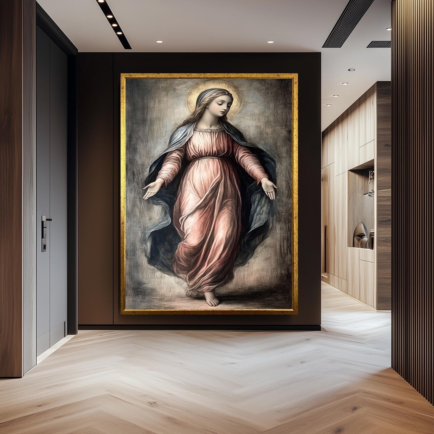 Classic Virgin Mary Painting in Flowing Rose Gown with Golden Halo, Catholic Renaissance Style Canvas Art for Prayer Room or Sacred Decor