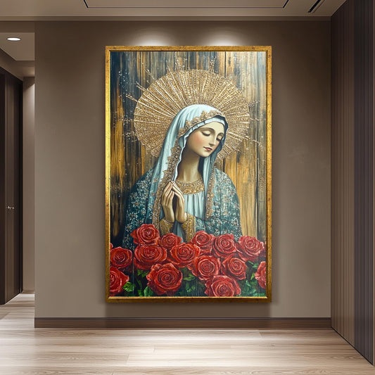 Virgin Mary Painting with Red Roses and Gold Halo, Ornate Catholic Canvas Art for Prayer Room, Spiritual Gift or Religious Home Decor