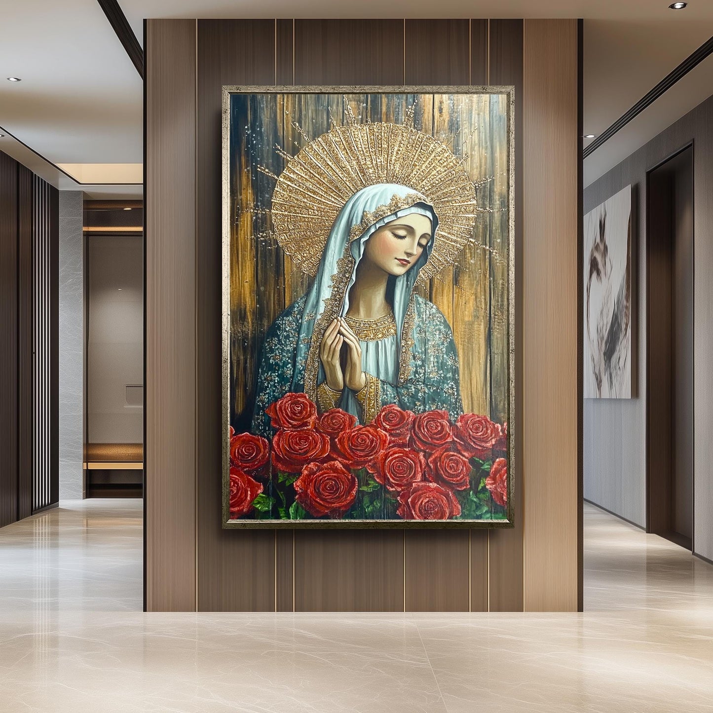 Virgin Mary Painting with Red Roses and Gold Halo, Ornate Catholic Canvas Art for Prayer Room, Spiritual Gift or Religious Home Decor