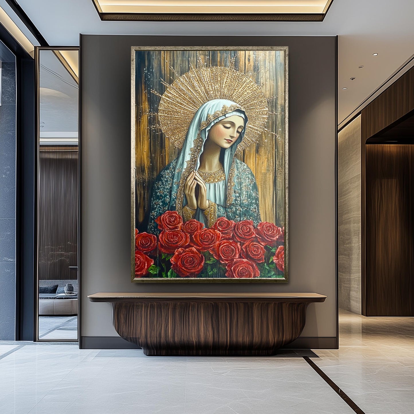 Virgin Mary Painting with Red Roses and Gold Halo, Ornate Catholic Canvas Art for Prayer Room, Spiritual Gift or Religious Home Decor