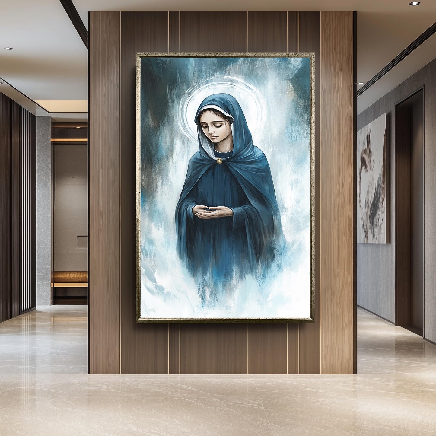 Contemporary Virgin Mary Painting in Blue Cloak with Radiant Halo, Serene Spiritual Canvas Art for Catholic Home or Prayer Room Decor