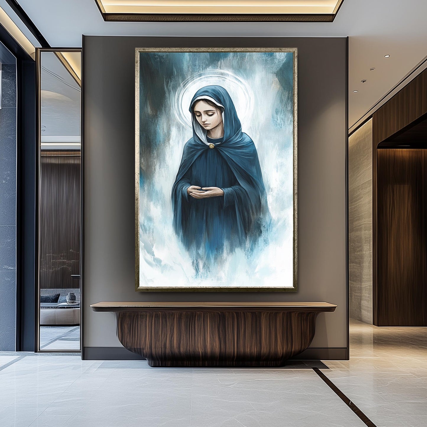 Contemporary Virgin Mary Painting in Blue Cloak with Radiant Halo, Serene Spiritual Canvas Art for Catholic Home or Prayer Room Decor