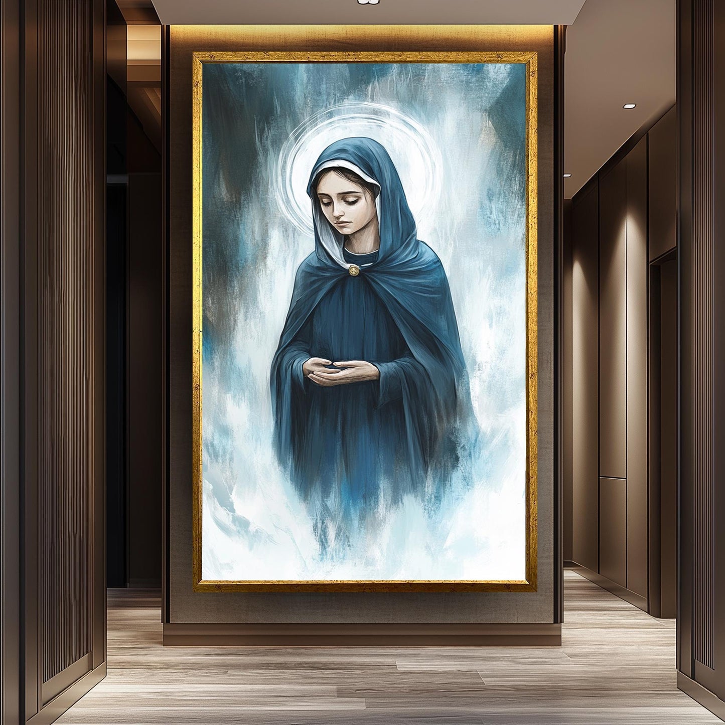 Contemporary Virgin Mary Painting in Blue Cloak with Radiant Halo, Serene Spiritual Canvas Art for Catholic Home or Prayer Room Decor