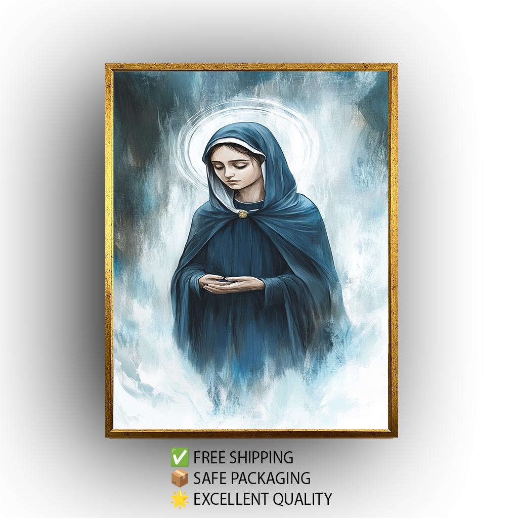 Contemporary Virgin Mary Painting in Blue Cloak with Radiant Halo, Serene Spiritual Canvas Art for Catholic Home or Prayer Room Decor