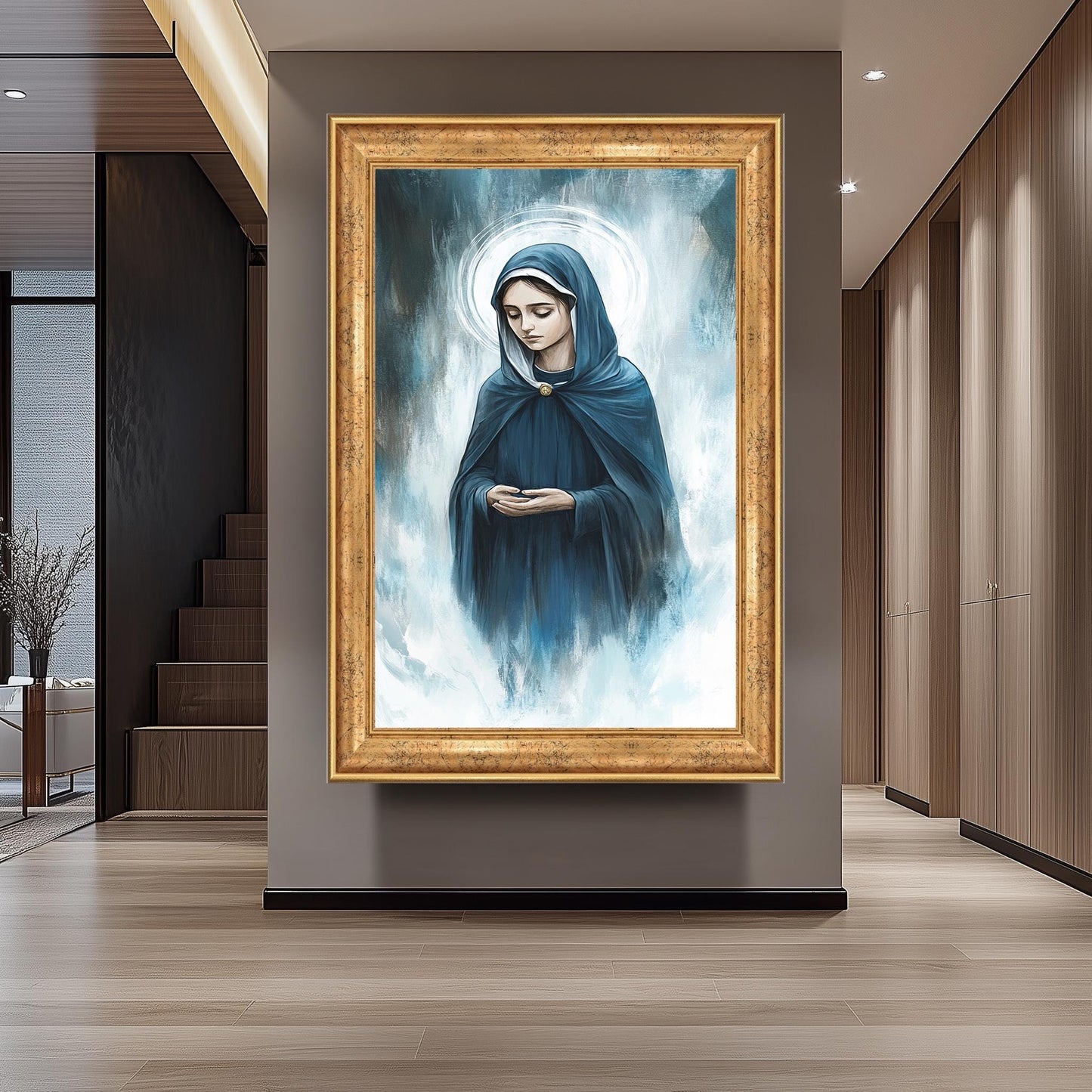 Contemporary Virgin Mary Painting in Blue Cloak with Radiant Halo, Serene Spiritual Canvas Art for Catholic Home or Prayer Room Decor