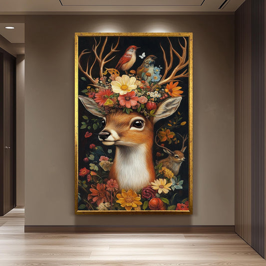 Whimsical Deer Floral Print: Surreal Woodland Fantasy Portrait