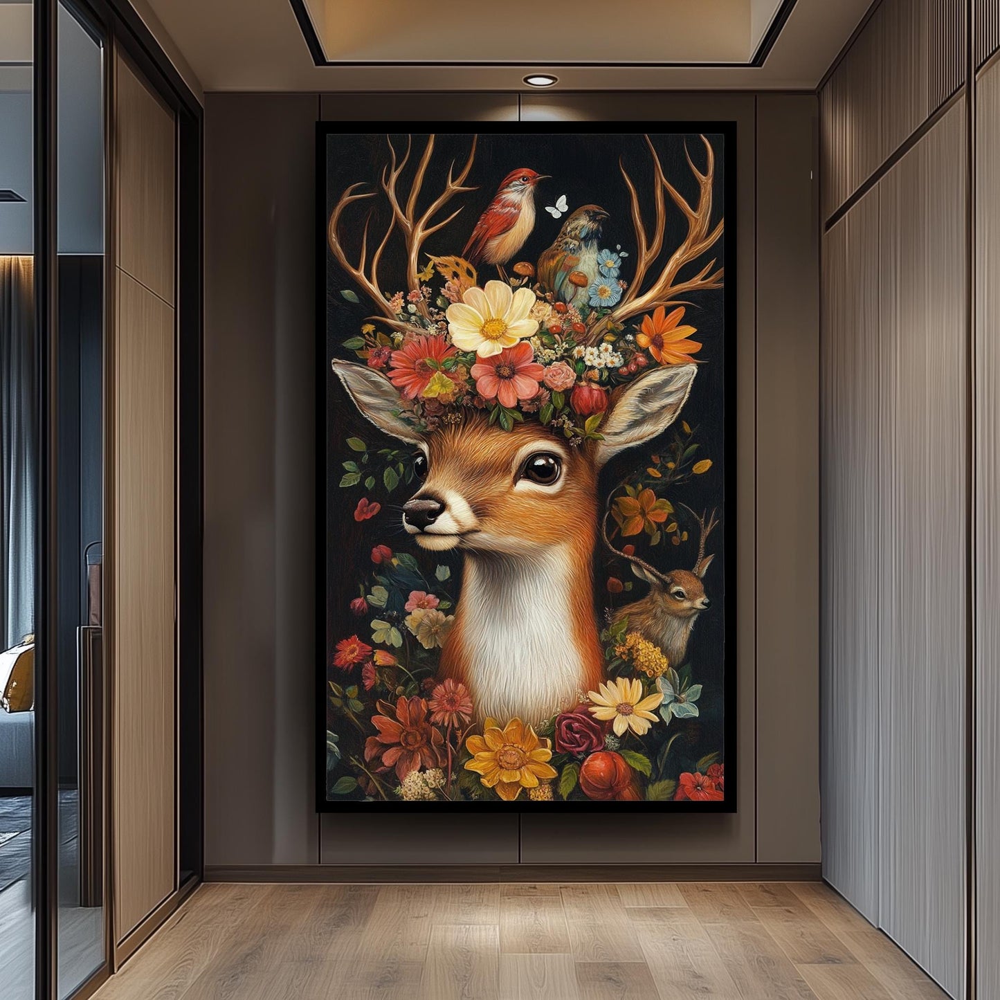 Whimsical Deer Floral Print: Surreal Woodland Fantasy Portrait