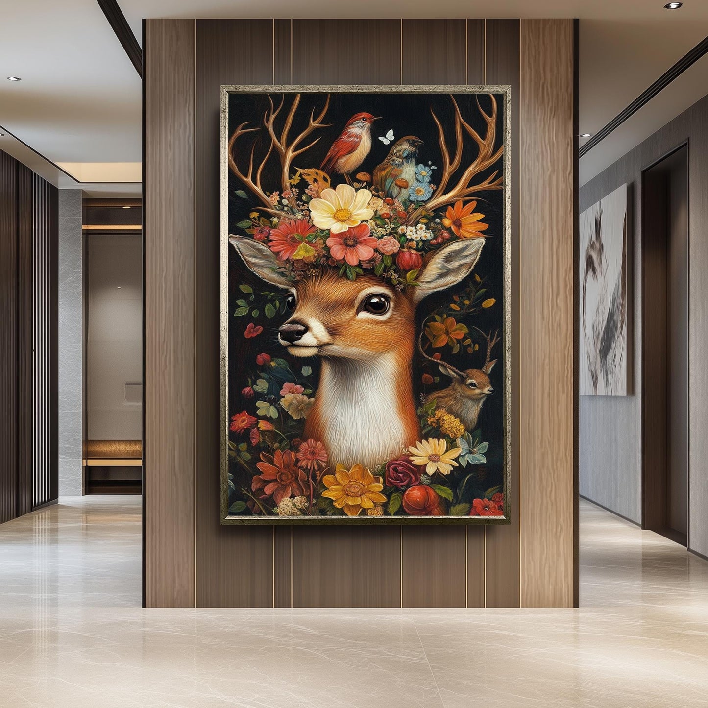 Whimsical Deer Floral Print: Surreal Woodland Fantasy Portrait