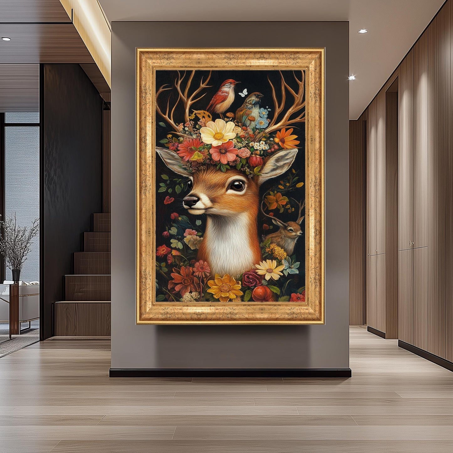 Whimsical Deer Floral Print: Surreal Woodland Fantasy Portrait