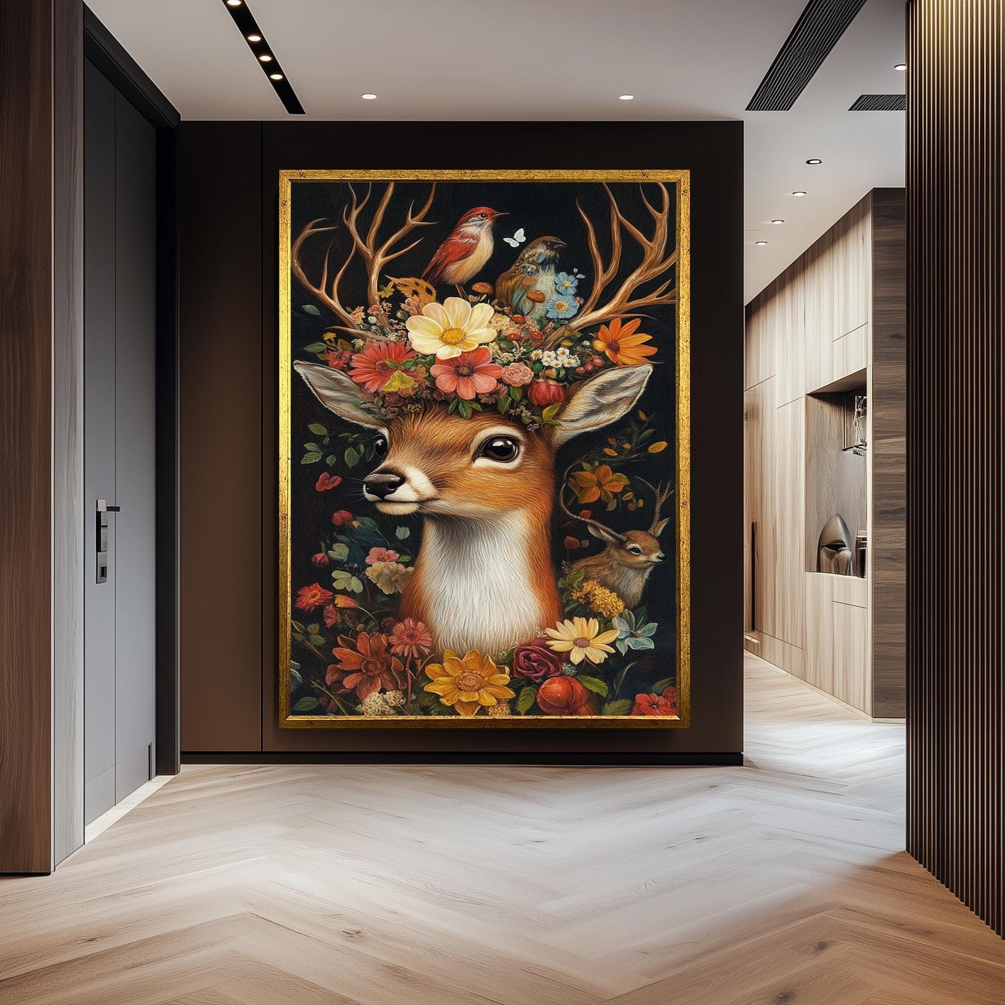 Whimsical Deer Floral Print: Surreal Woodland Fantasy Portrait