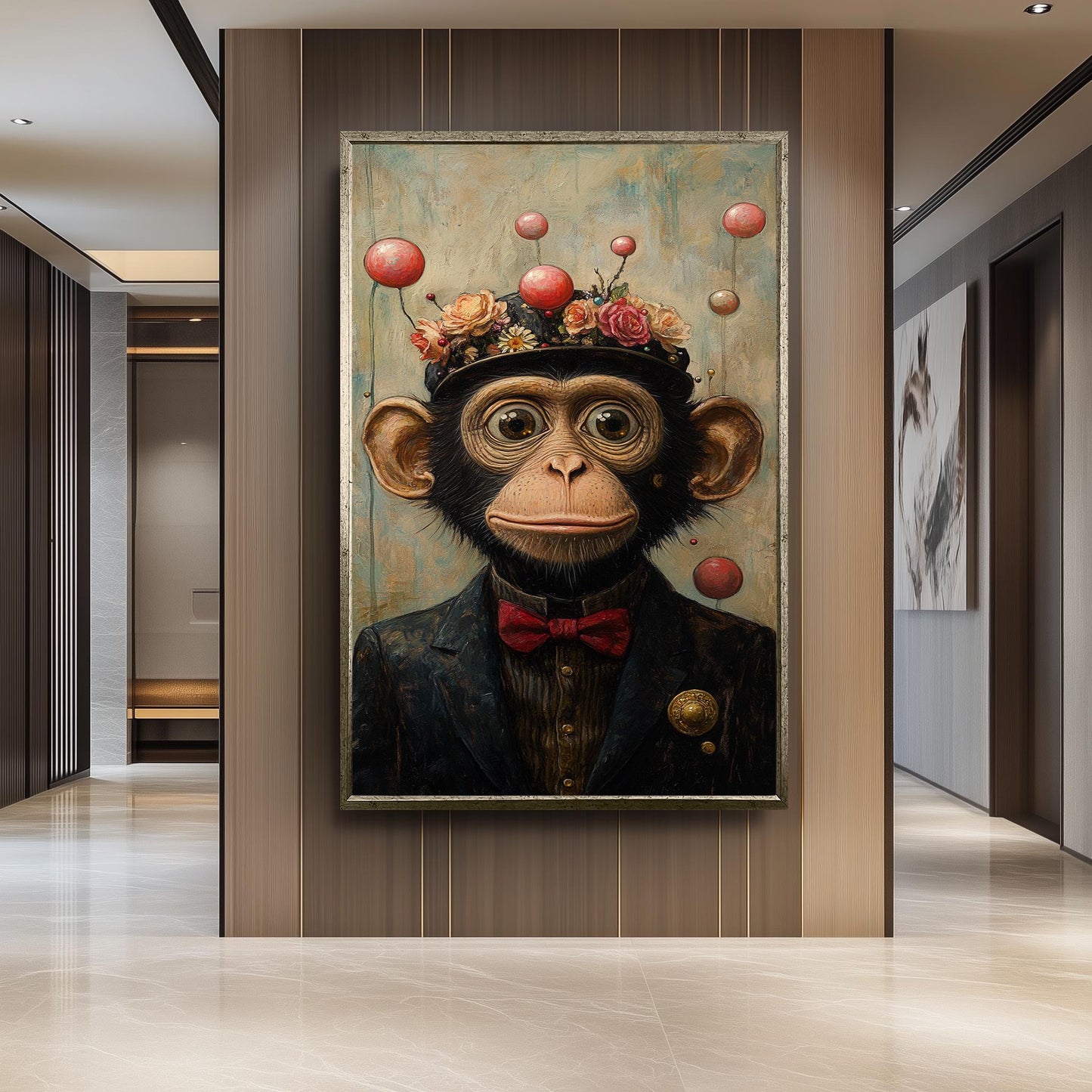 Whimsical Chimp Portrait: Surreal Animal Print with Floral Hat