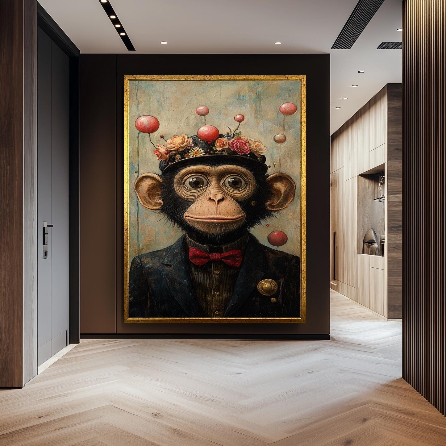 Whimsical Chimp Portrait: Surreal Animal Print with Floral Hat