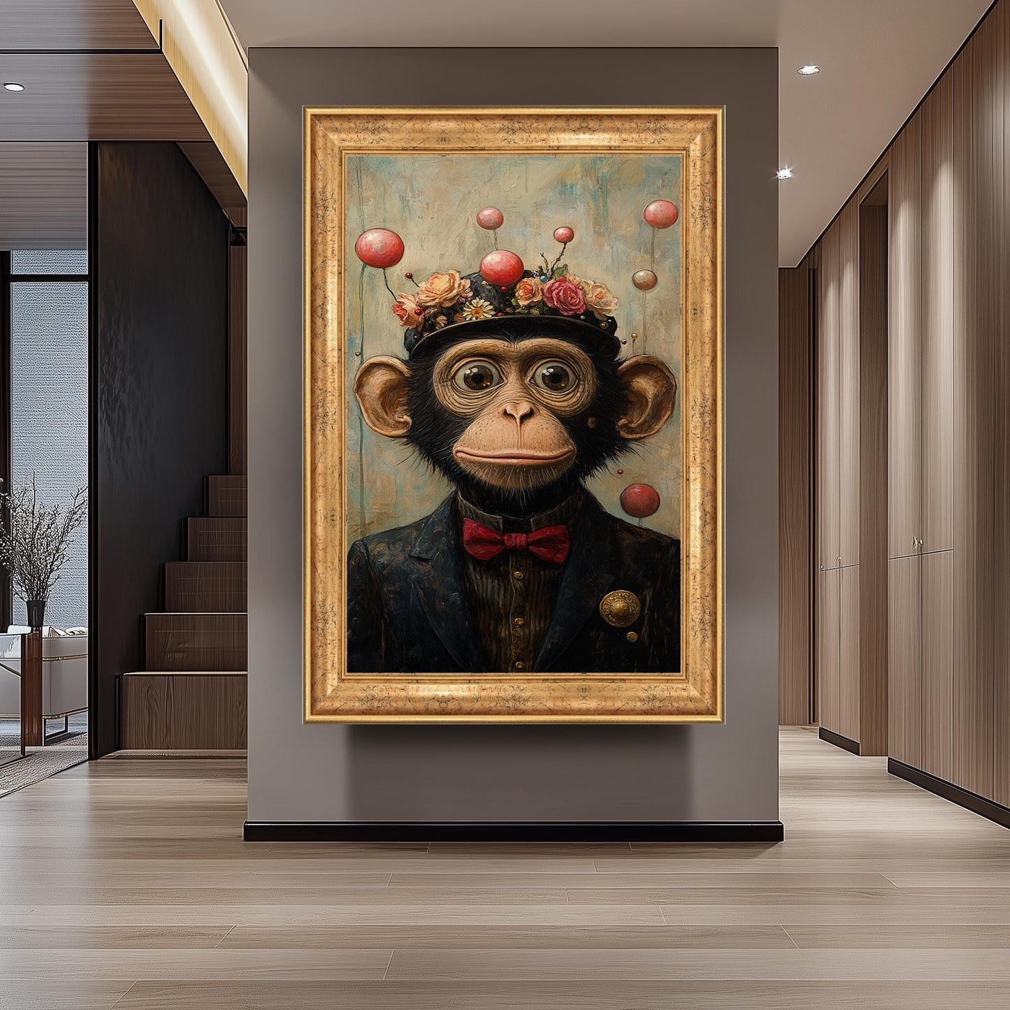 Whimsical Chimp Portrait: Surreal Animal Print with Floral Hat