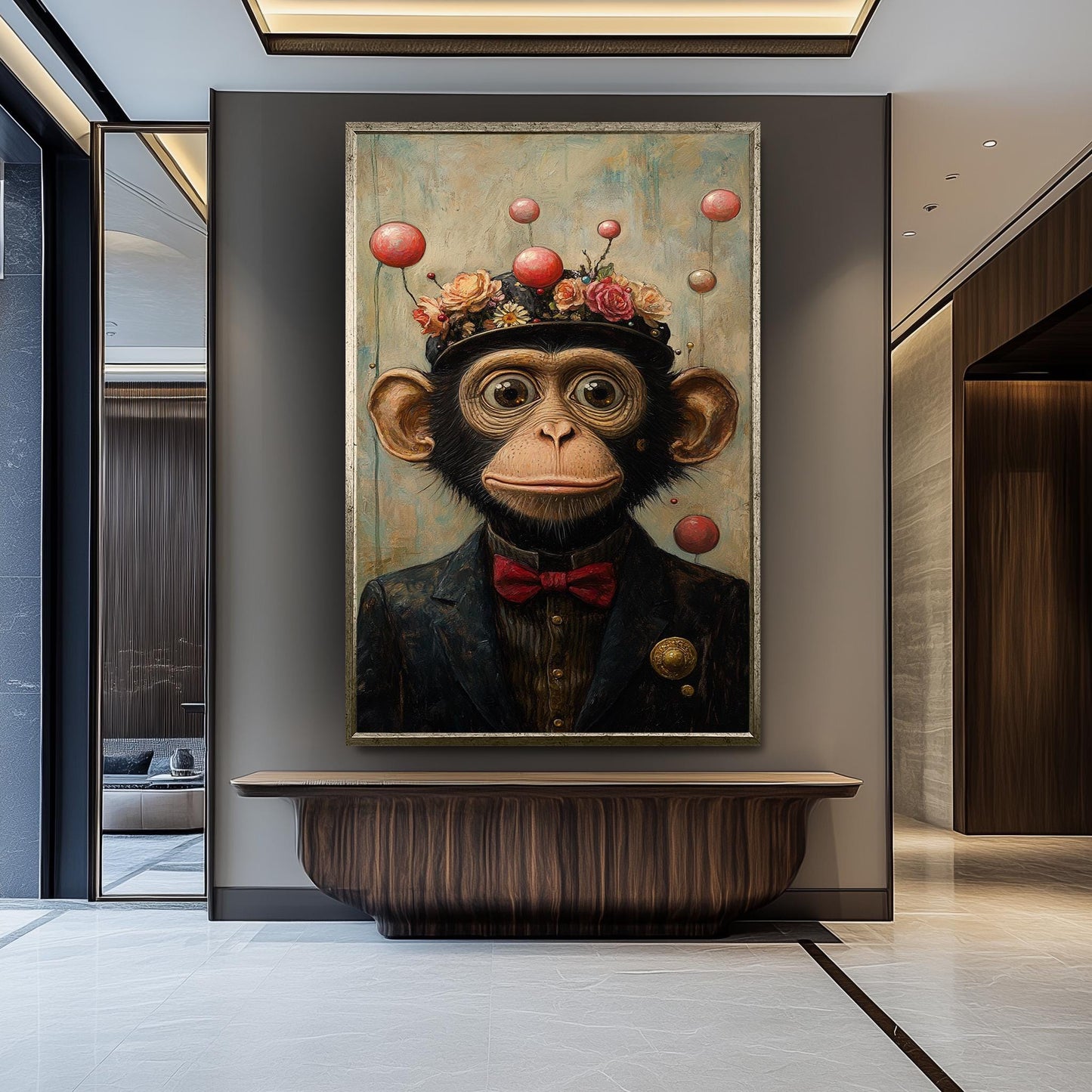 Whimsical Chimp Portrait: Surreal Animal Print with Floral Hat