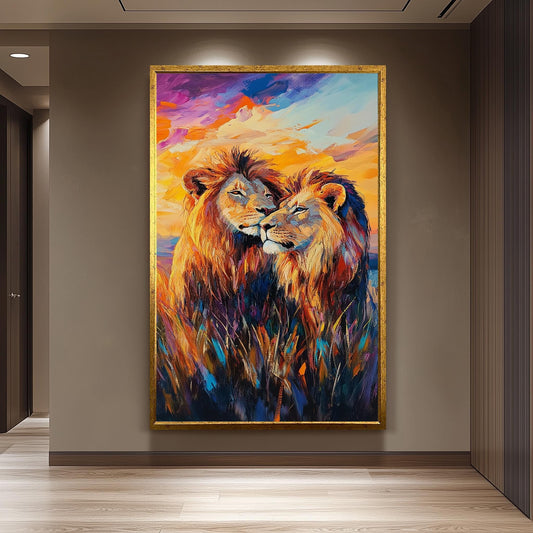 Lion Couple Canvas Art: Colorful Surreal Safari Painting