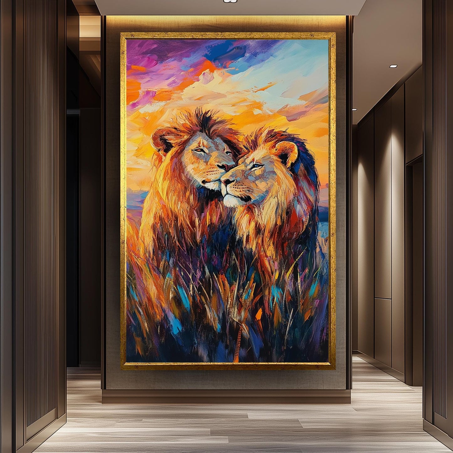 Lion Couple Canvas Art: Colorful Surreal Safari Painting