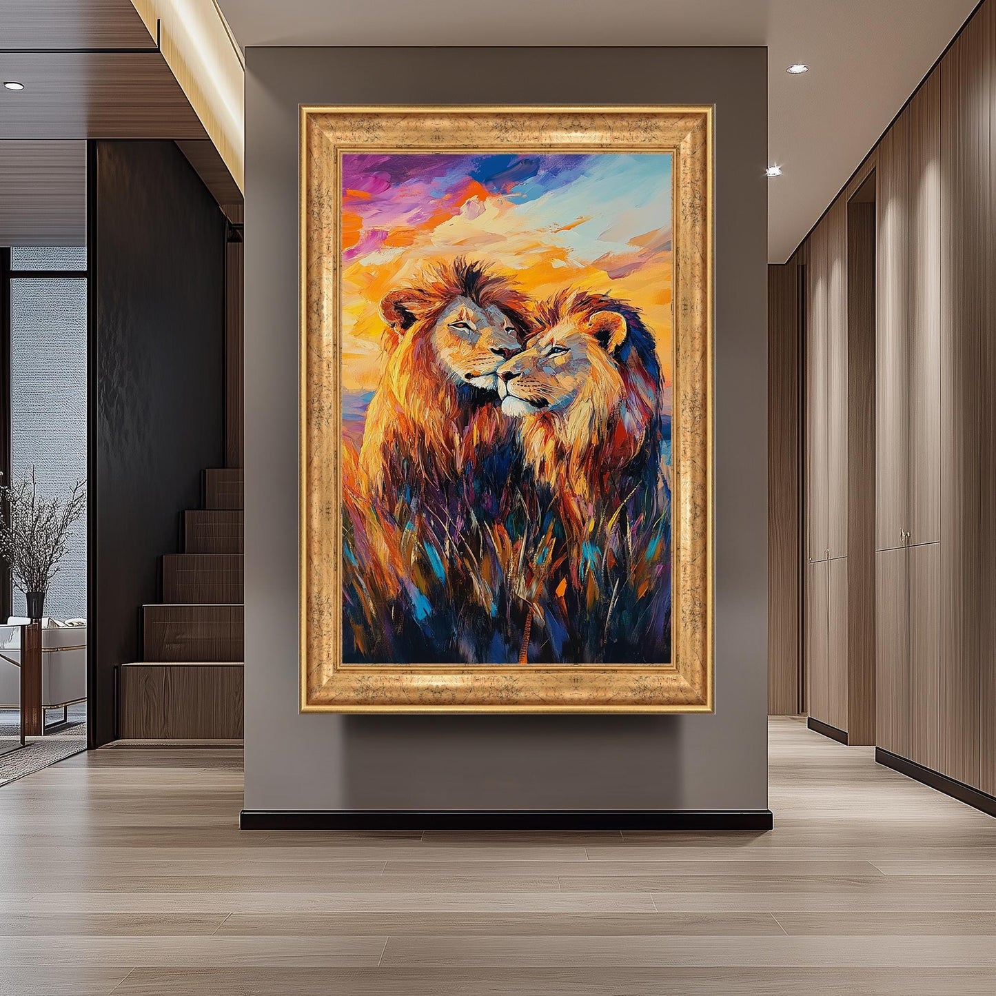 Lion Couple Canvas Art: Colorful Surreal Safari Painting
