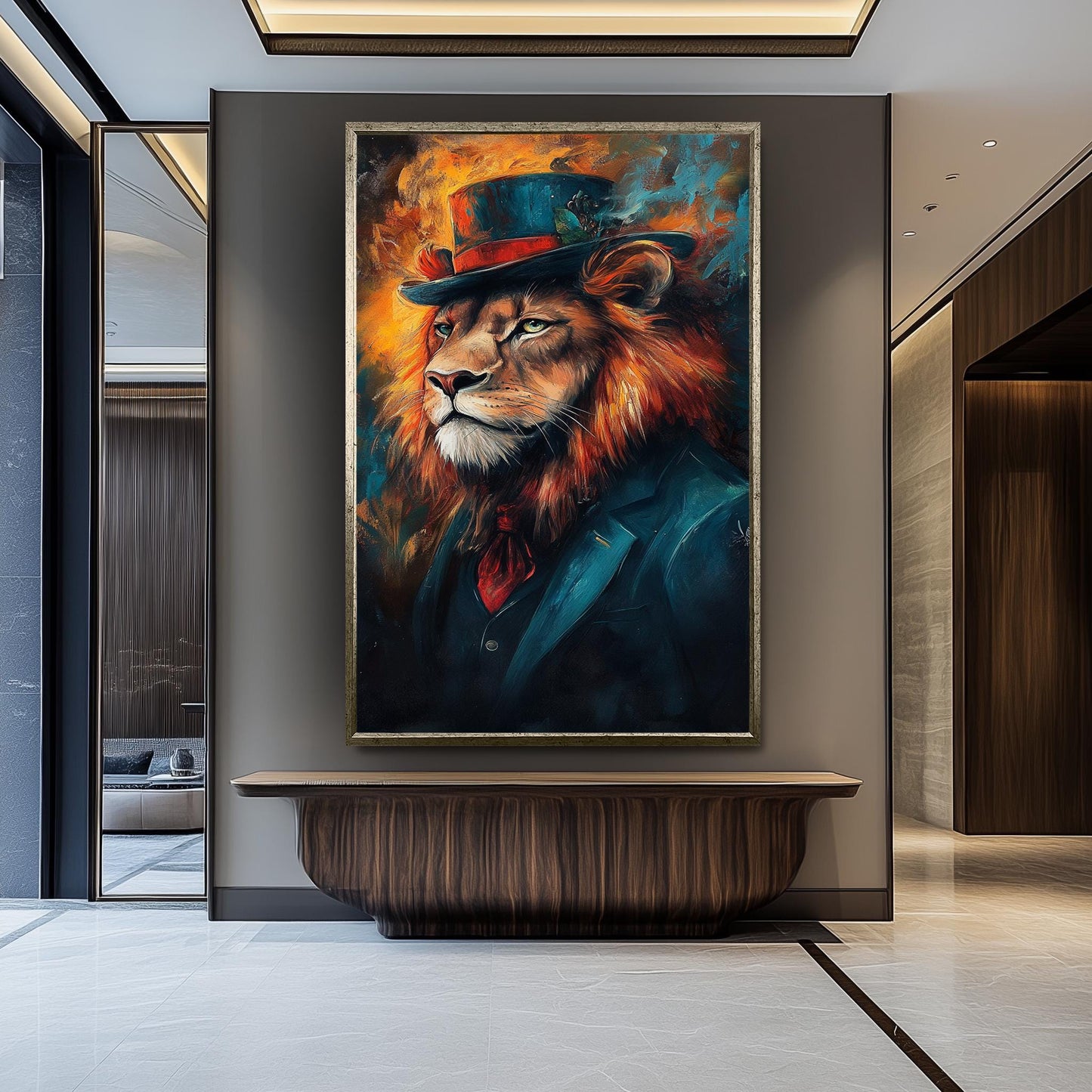 Lion Portrait Canvas Art: Surreal Animal in Suit & Top Hat