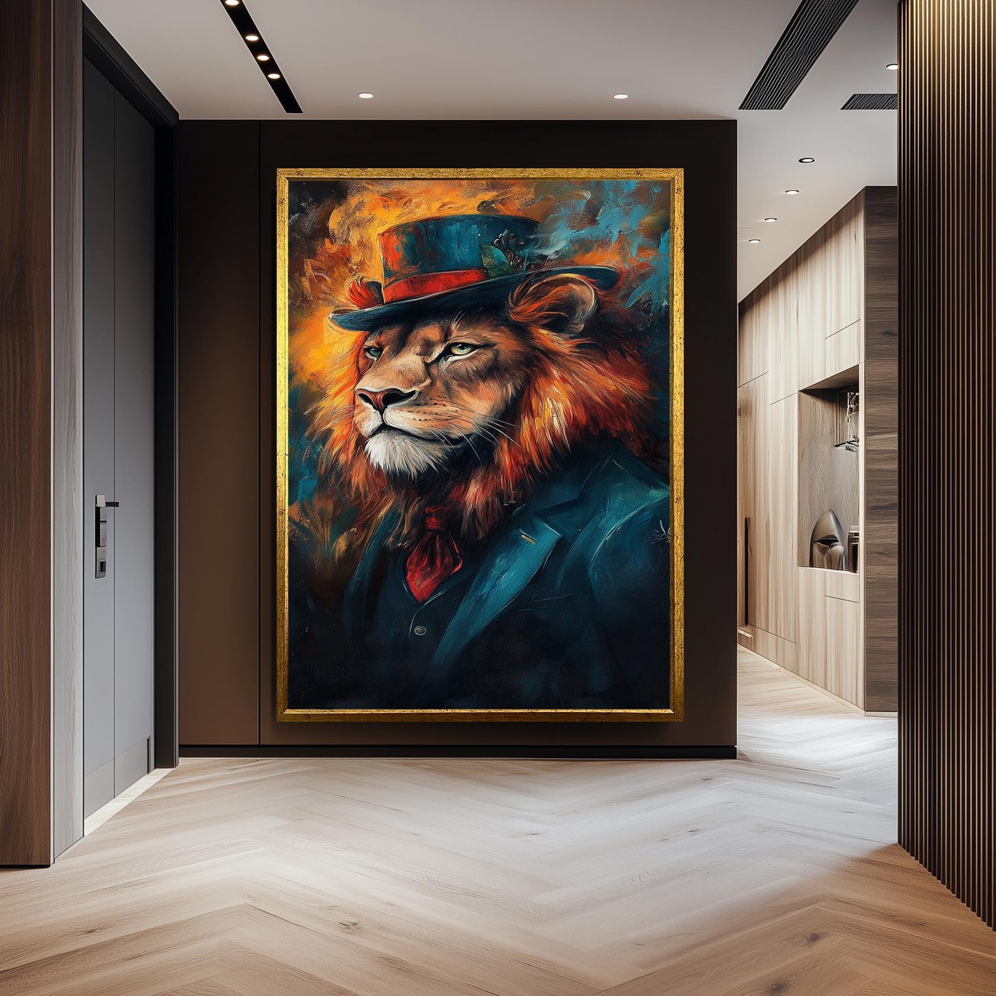 Lion Portrait Canvas Art: Surreal Animal in Suit & Top Hat