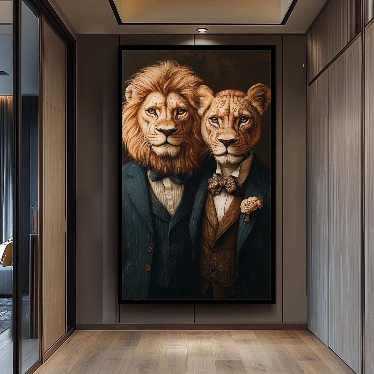 Elegant Surreal Lion Couple Wall Art  Sophisticated Animal Portrait in Vintage Suits and Bow Ties  Classy Canvas for Stylish Spaces