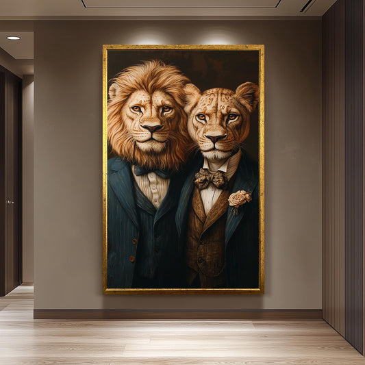 Elegant Surreal Lion Couple Wall Art  Sophisticated Animal Portrait in Vintage Suits and Bow Ties  Classy Canvas for Stylish Spaces