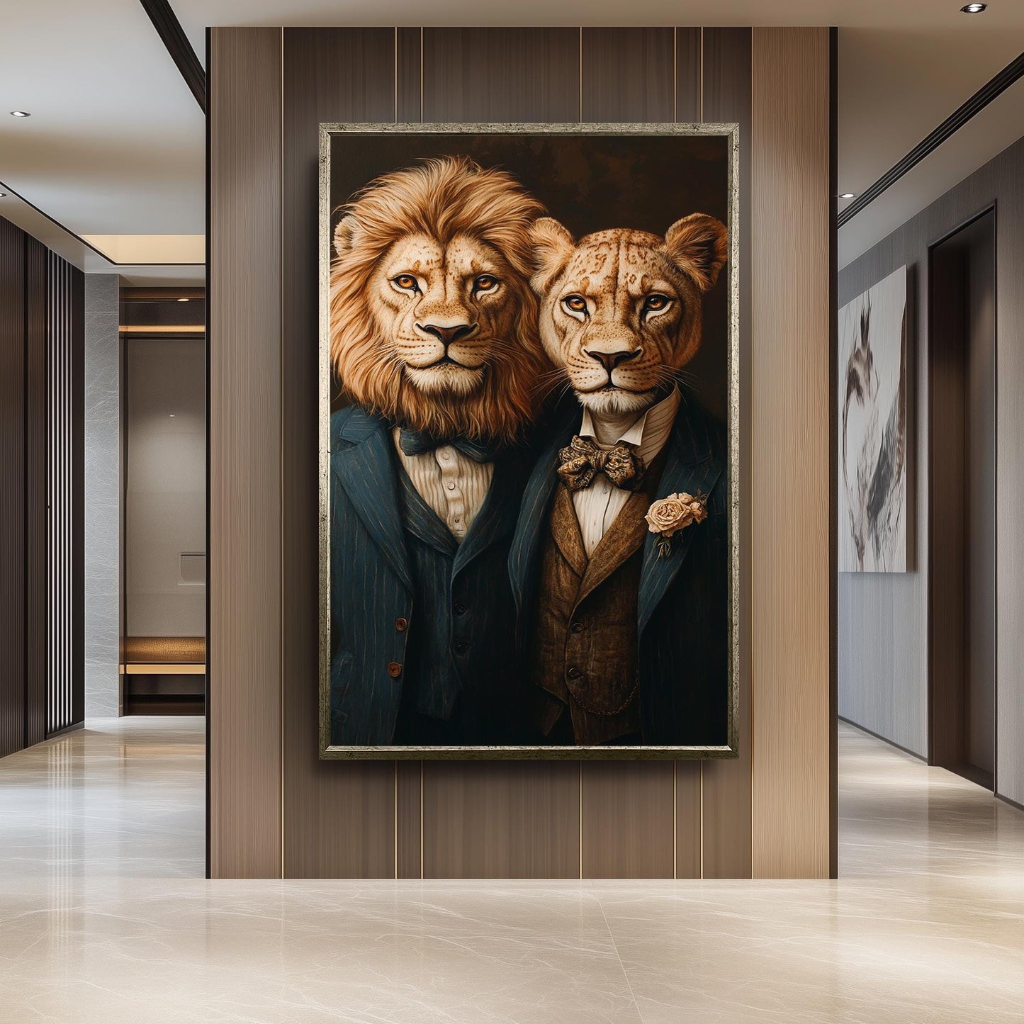 Elegant Surreal Lion Couple Wall Art  Sophisticated Animal Portrait in Vintage Suits and Bow Ties  Classy Canvas for Stylish Spaces