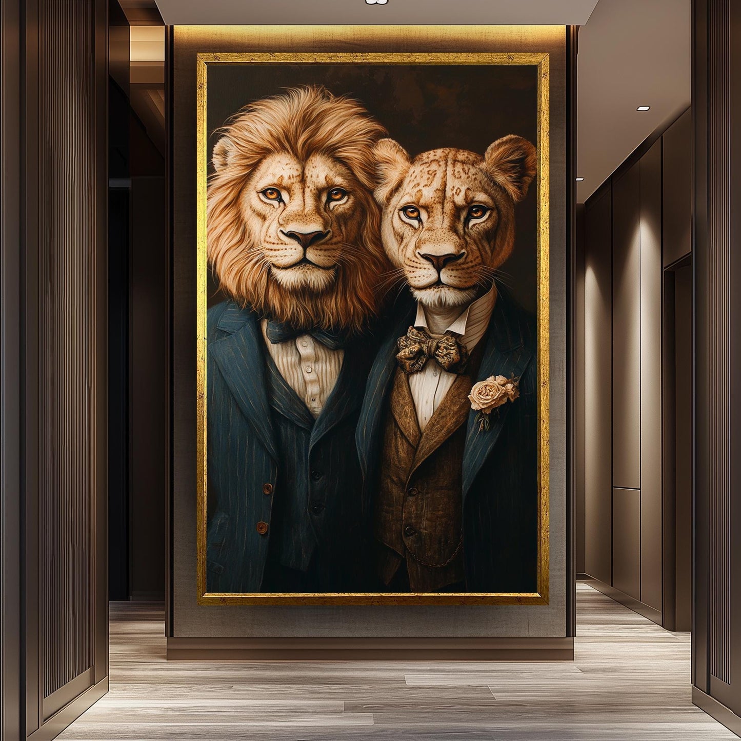 Elegant Surreal Lion Couple Wall Art  Sophisticated Animal Portrait in Vintage Suits and Bow Ties  Classy Canvas for Stylish Spaces