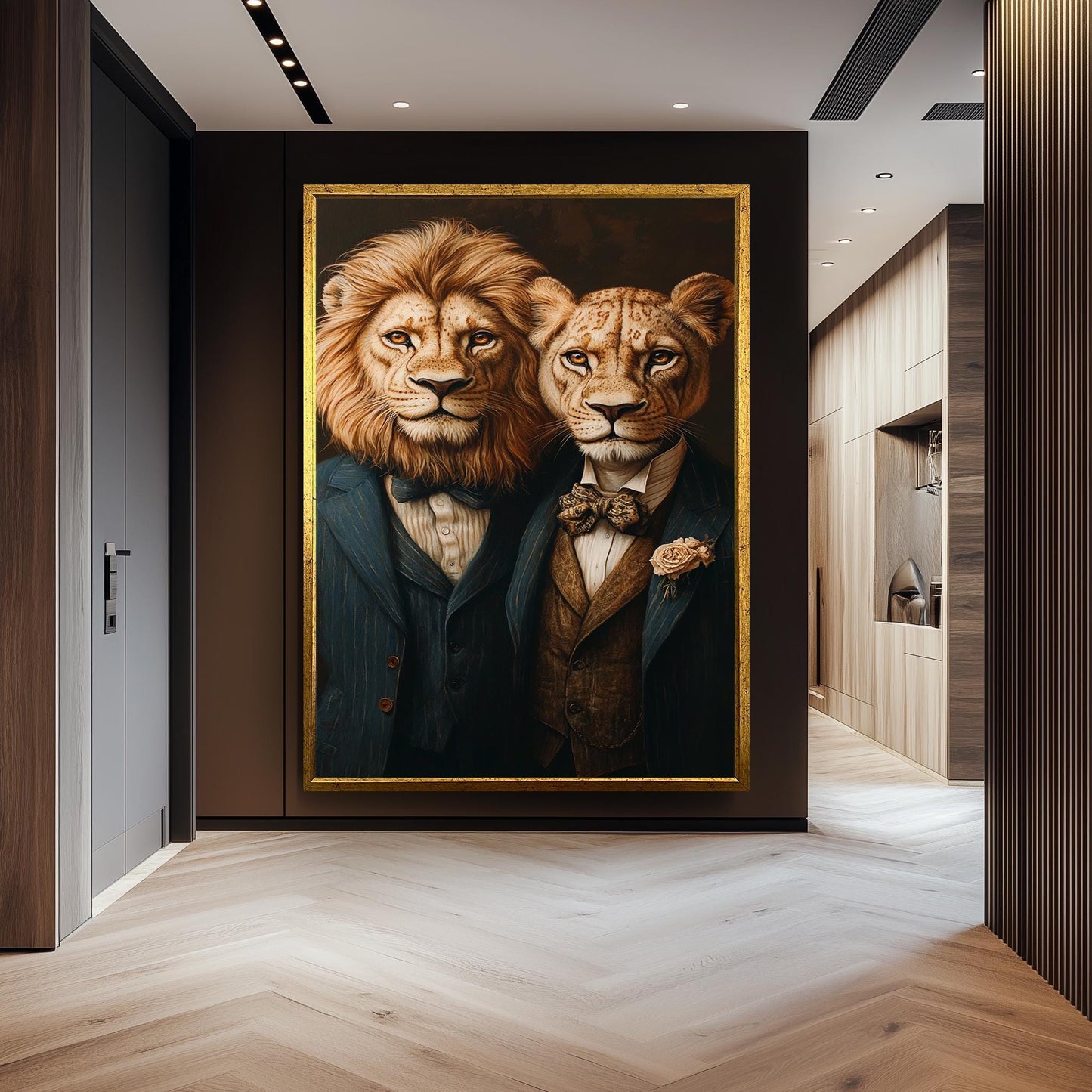 Elegant Surreal Lion Couple Wall Art  Sophisticated Animal Portrait in Vintage Suits and Bow Ties  Classy Canvas for Stylish Spaces