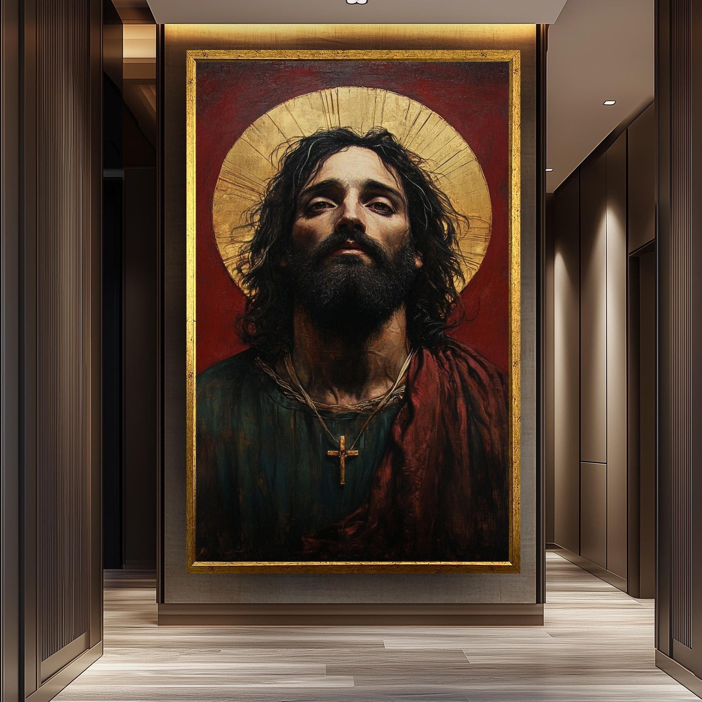 Sacred Jesus Portrait Canvas: Surreal Religious Art with Golden Halo