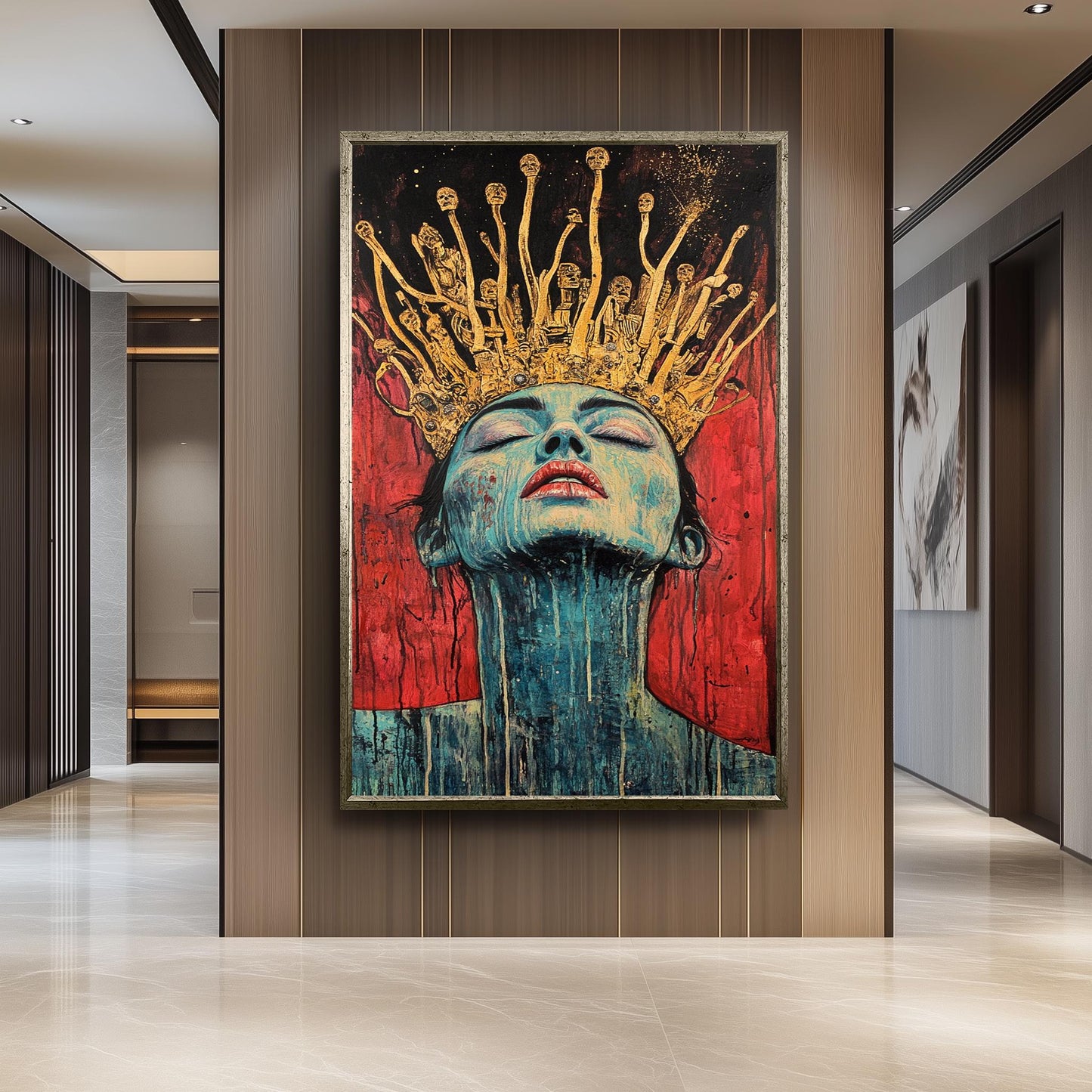 Surreal Queen Portrait Wall Art Dark Fantasy Woman Painting Gold Crown Skull Gothic Art Red Black Decor Unique Emotional Artwork Queen Art