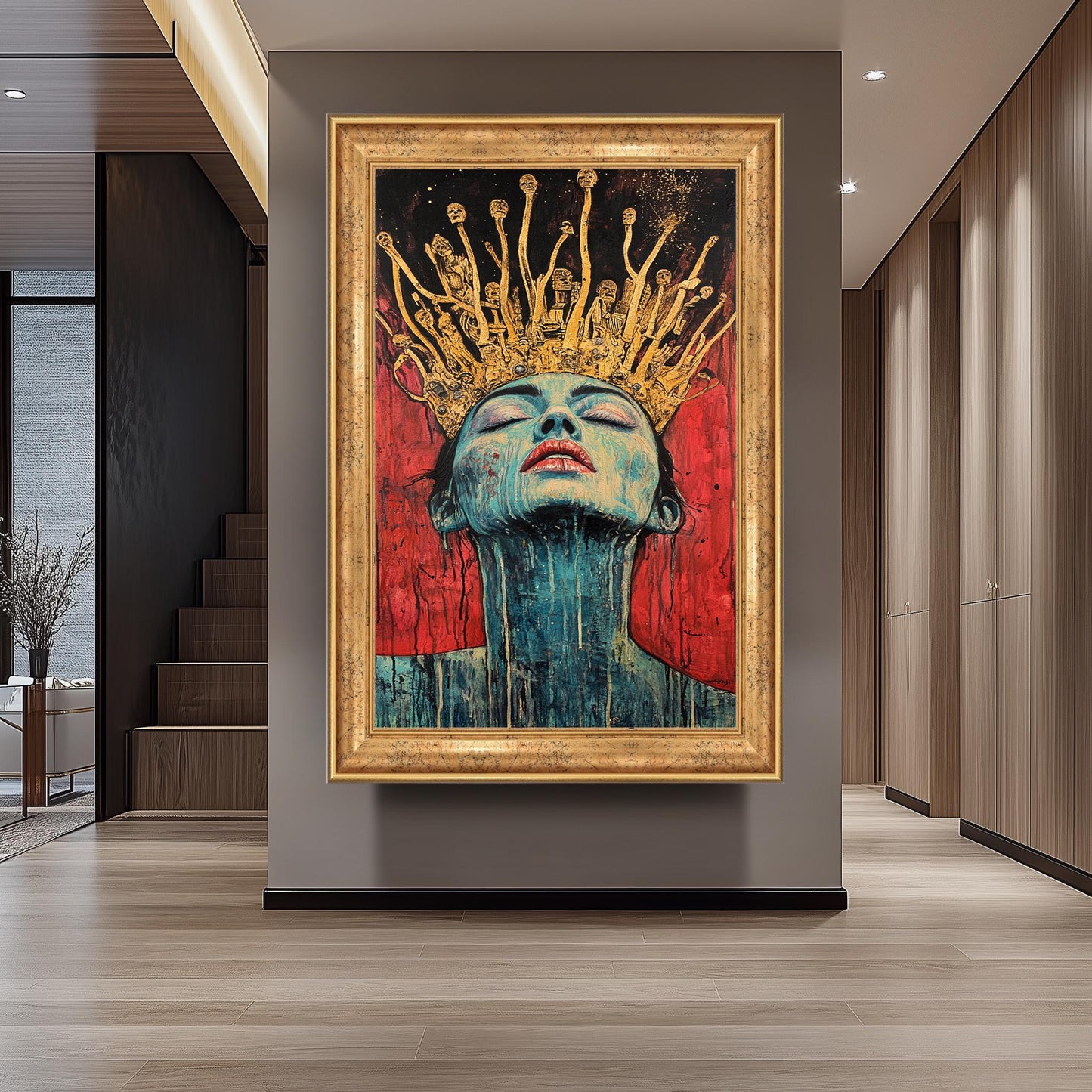 Surreal Queen Portrait Wall Art Dark Fantasy Woman Painting Gold Crown Skull Gothic Art Red Black Decor Unique Emotional Artwork Queen Art