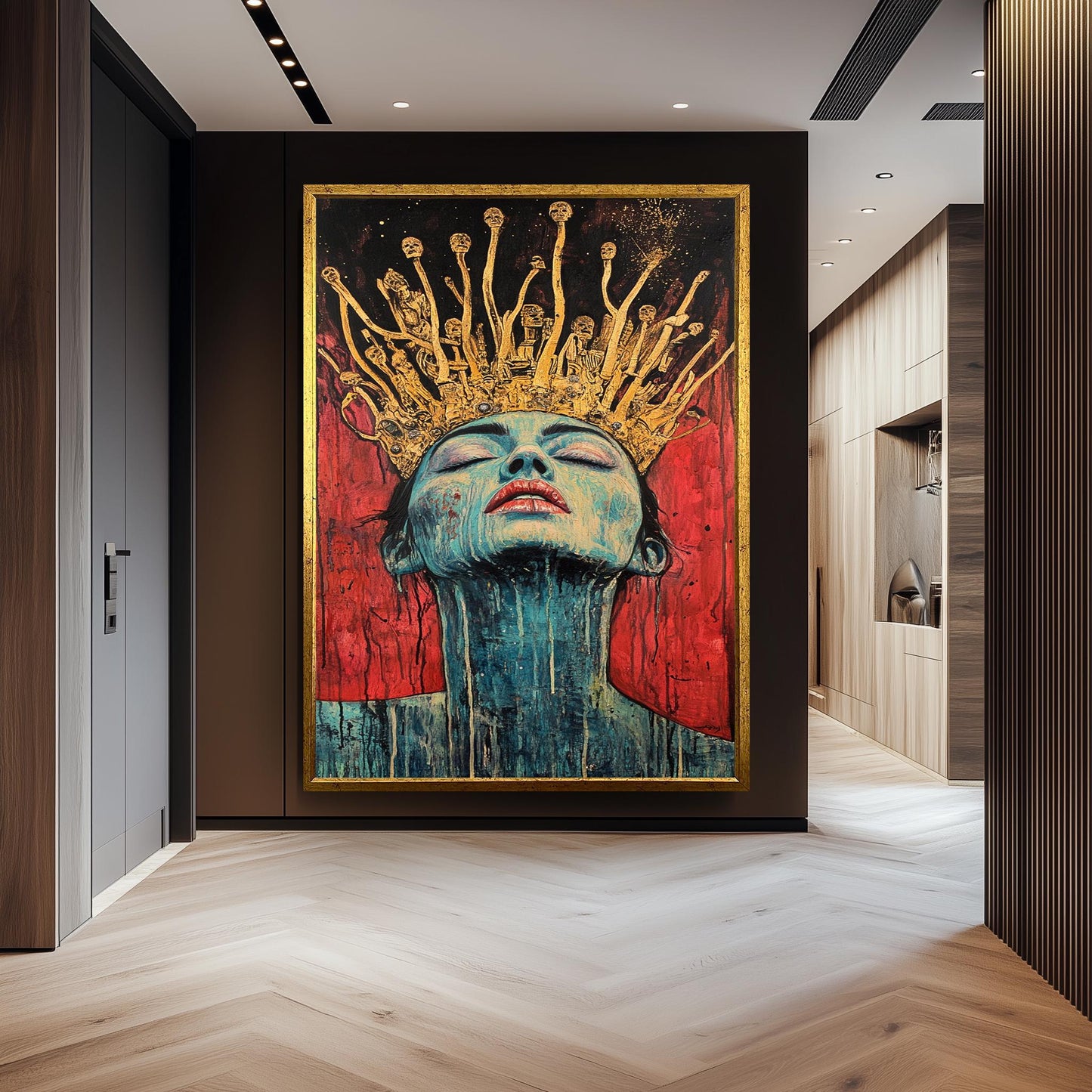 Surreal Queen Portrait Wall Art Dark Fantasy Woman Painting Gold Crown Skull Gothic Art Red Black Decor Unique Emotional Artwork Queen Art