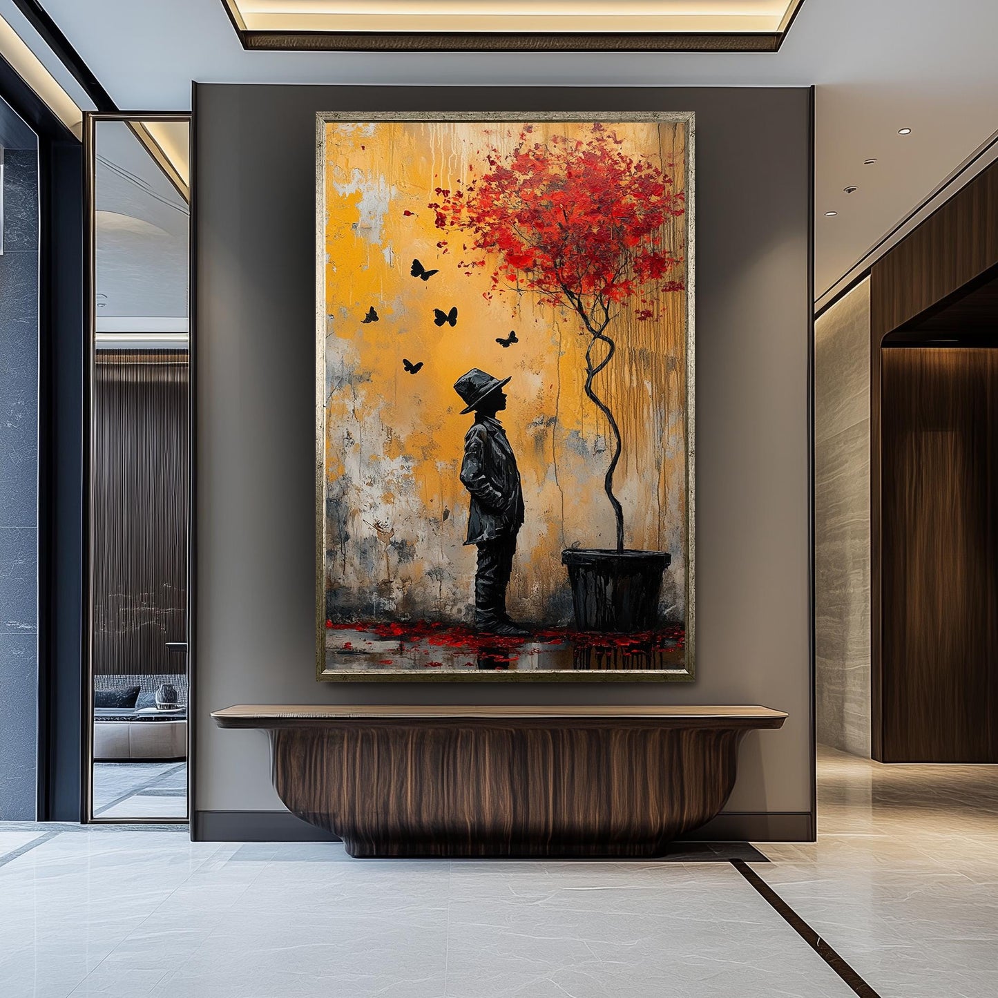 Surreal Banksy Style Street Art Print Boy and Red Tree Painting Graffiti Wall Artwork Urban Fantasy Modern Emotional Silhouette Decor