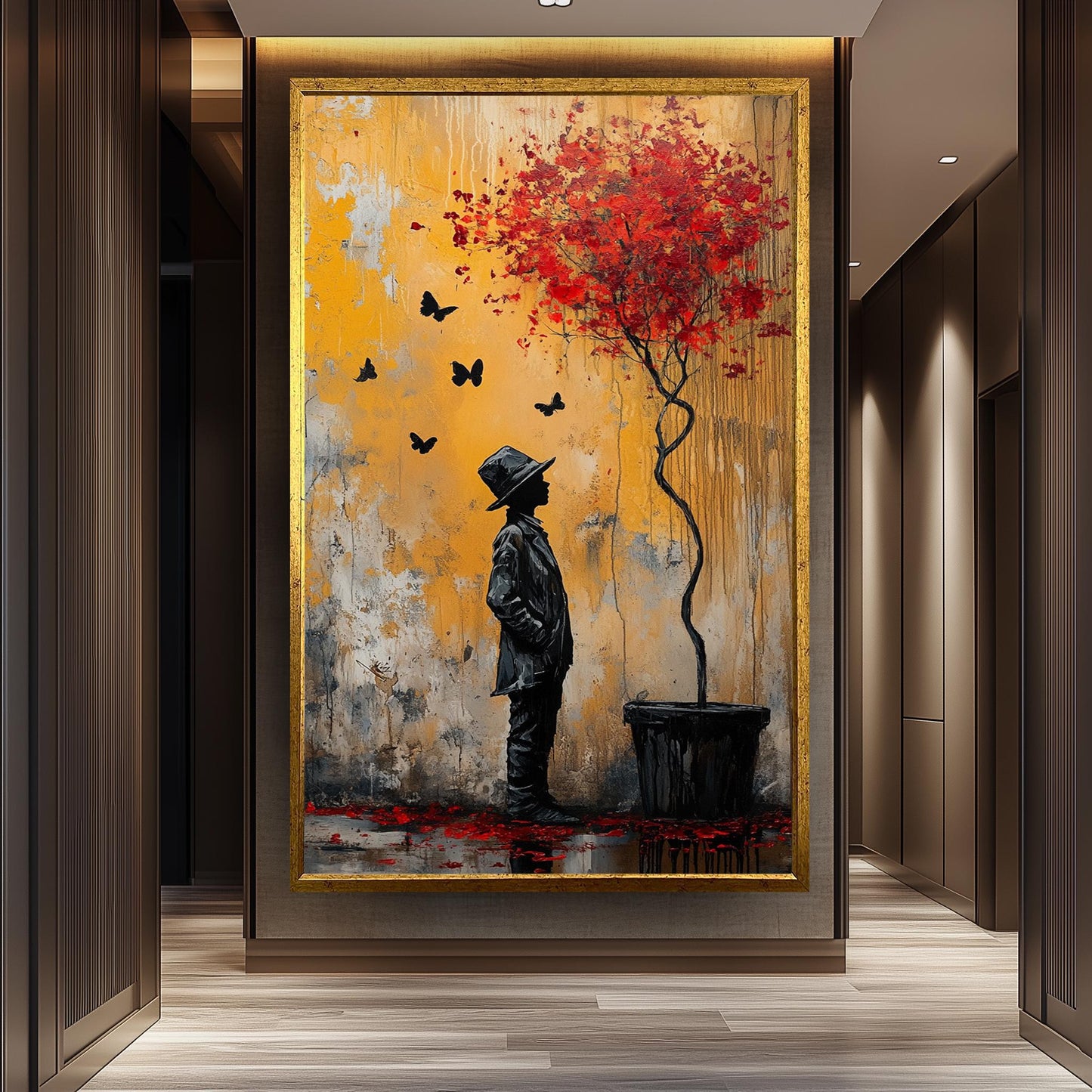 Surreal Banksy Style Street Art Print Boy and Red Tree Painting Graffiti Wall Artwork Urban Fantasy Modern Emotional Silhouette Decor