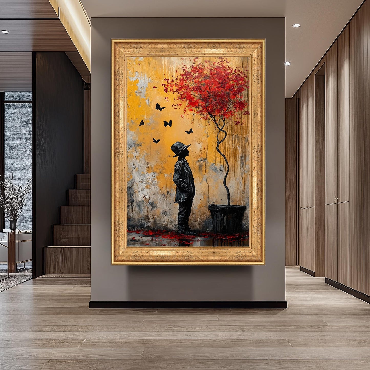 Surreal Banksy Style Street Art Print Boy and Red Tree Painting Graffiti Wall Artwork Urban Fantasy Modern Emotional Silhouette Decor