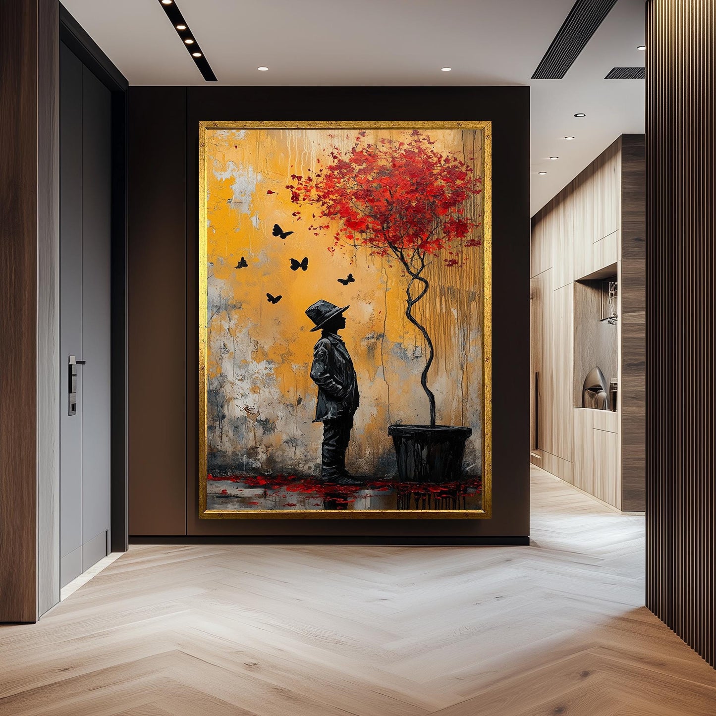 Surreal Banksy Style Street Art Print Boy and Red Tree Painting Graffiti Wall Artwork Urban Fantasy Modern Emotional Silhouette Decor