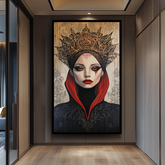 Surreal Gothic Queen Wall Art Mysterious Woman Portrait in Red and Black Crown Fantasy Painting Elegant Dark Royal Aesthetic Decor