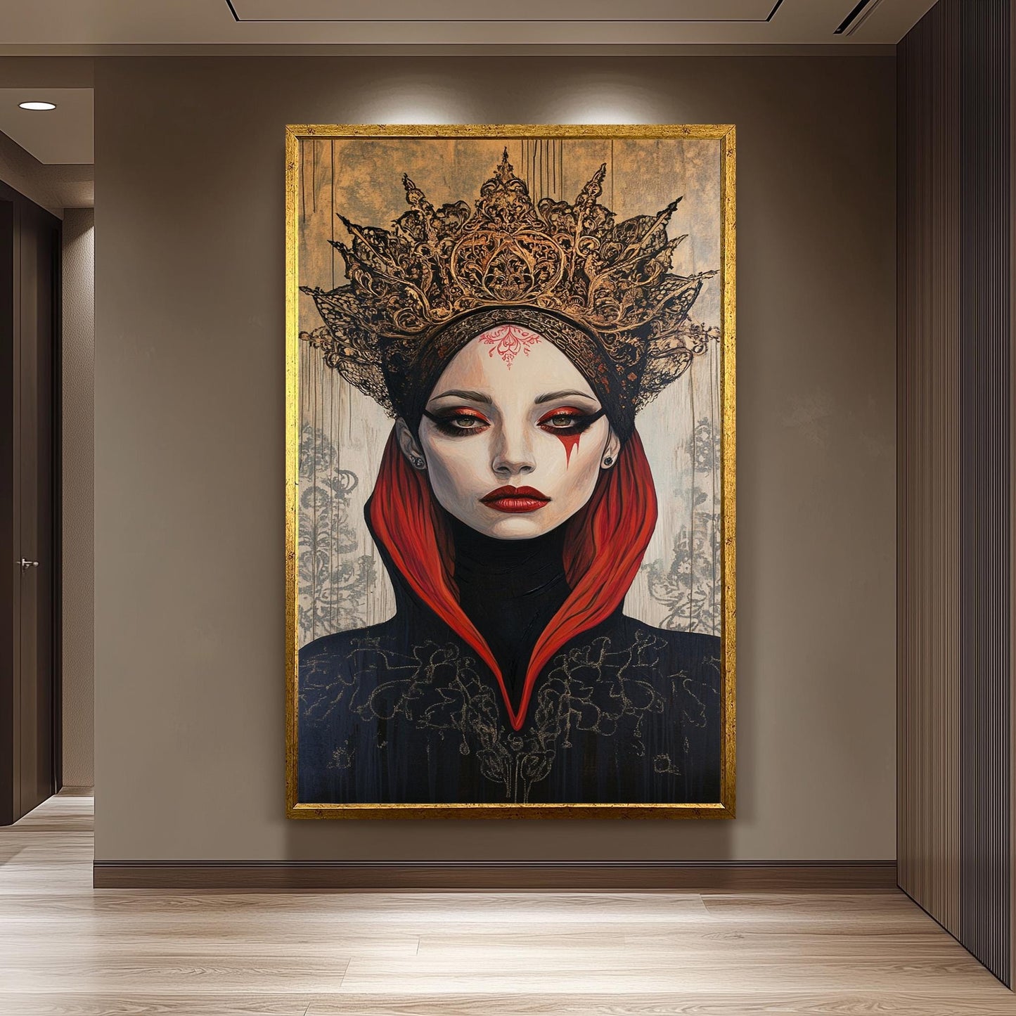 Surreal Gothic Queen Wall Art Mysterious Woman Portrait in Red and Black Crown Fantasy Painting Elegant Dark Royal Aesthetic Decor