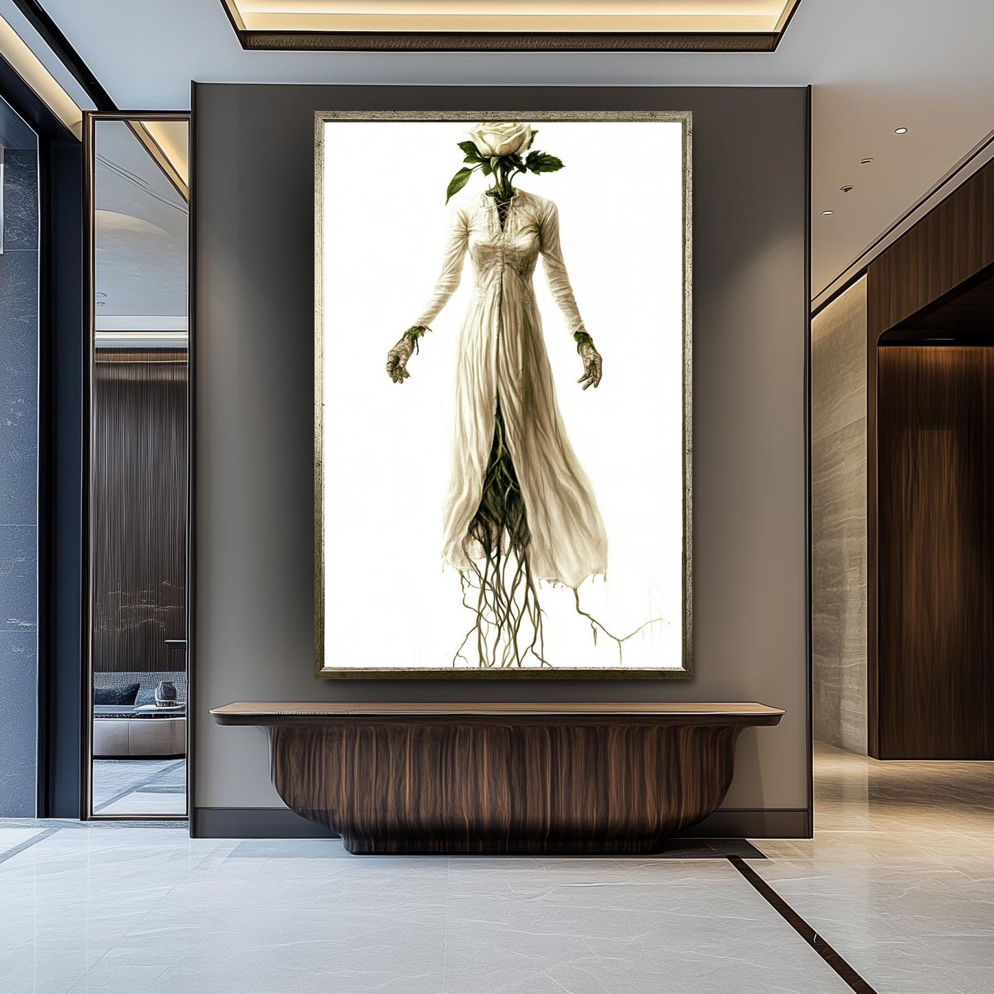 Botanical Gothic Woman Art Print: Surreal Rose Head Decor