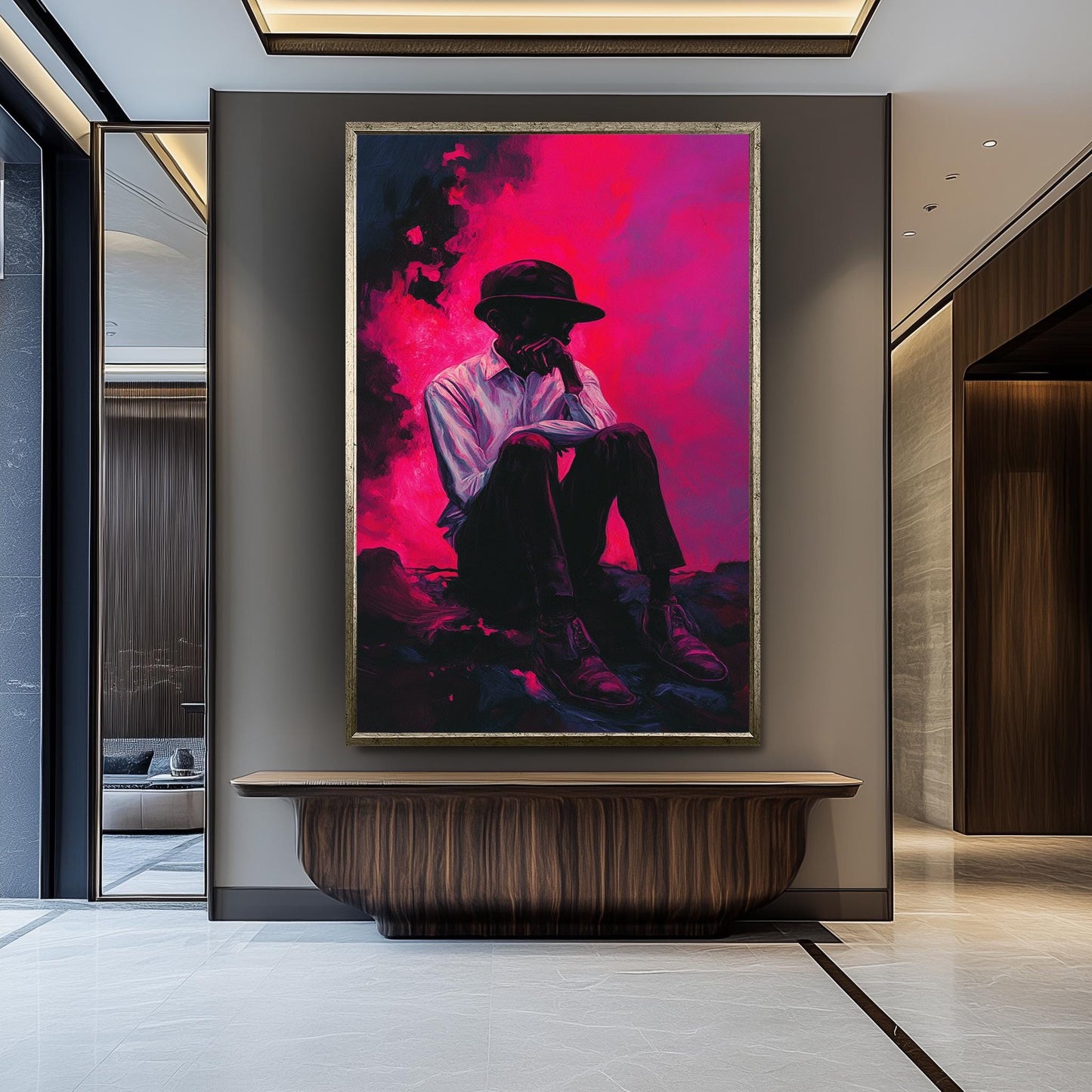 Surreal Moody Wall Art of Pensive Man in Hat Sitting Against Vibrant Pink and Purple Smoke | Emotional Expressionist Portrait Print, Man Art