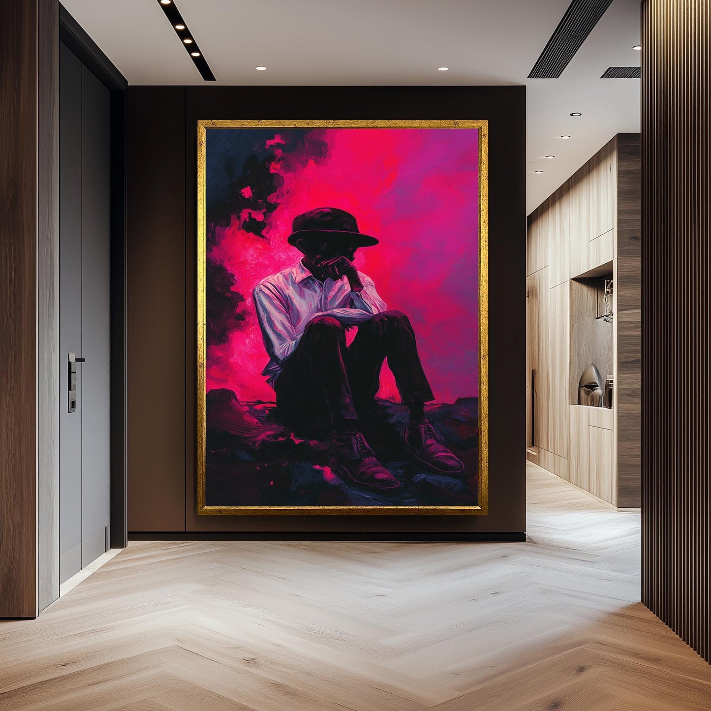 Surreal Moody Wall Art of Pensive Man in Hat Sitting Against Vibrant Pink and Purple Smoke | Emotional Expressionist Portrait Print, Man Art